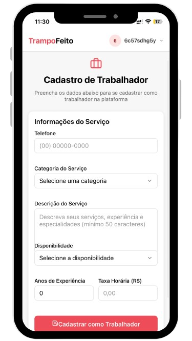 Cadastro de trabalhador no TrampoFeito