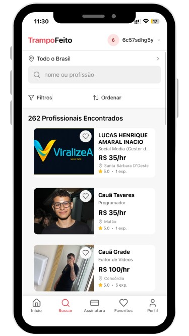 Busca de profissionais no TrampoFeito